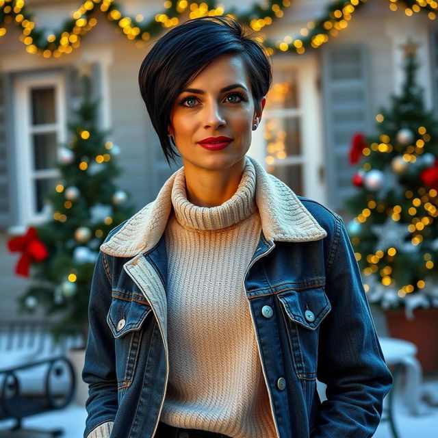 A 40-year-old Italian woman with a short hairstyle and deep black hair