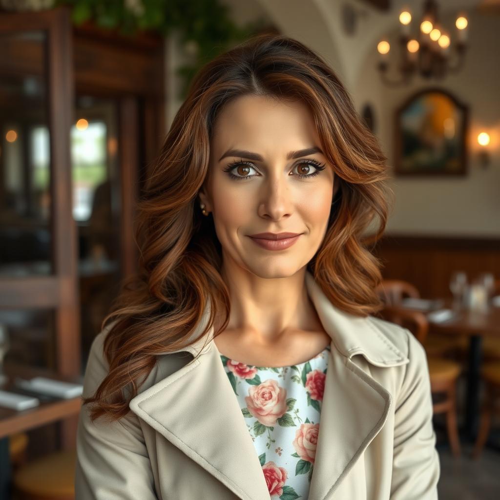 A 40-year-old Italian woman with soft wavy chestnut hair