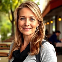 A full-height photograph of a woman aged 30 to 45 years with a natural appearance, featuring minimal makeup and well-groomed hair