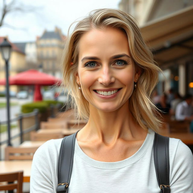 A full-height photograph of a woman aged 30 to 45 years with a natural appearance, featuring minimal makeup and well-groomed hair