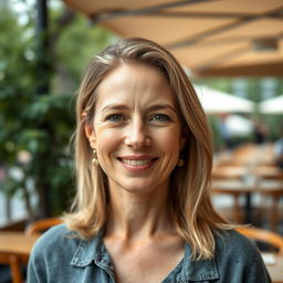 A full-height photograph of a woman aged 30 to 45 years with a natural appearance, featuring minimal makeup and well-groomed hair