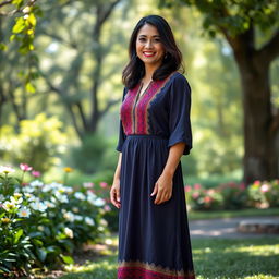 A full-length portrait of a Colombian woman aged 40-45 standing elegantly in a park