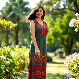 A full-length portrait of a Colombian woman aged 40-45 standing elegantly in a park