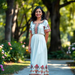 A full-length portrait of a Colombian woman aged 40-45 standing elegantly in a park