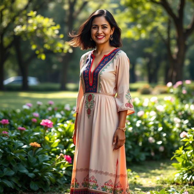 A full-length portrait of a Colombian woman aged 40-45 standing elegantly in a park