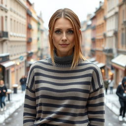 A 40-year-old Italian woman with straight light brown hair tucked behind her ears