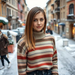 A 40-year-old Italian woman with straight light brown hair tucked behind her ears