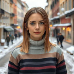 A 40-year-old Italian woman with straight light brown hair tucked behind her ears