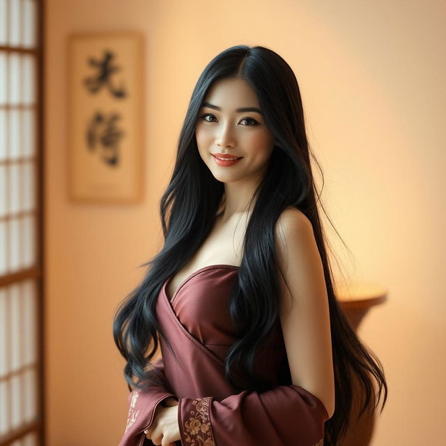 A beautiful, fully mature Japanese woman with an enchanting, confident presence, standing in an elegant pose