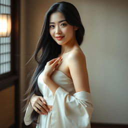 A beautiful, fully mature Japanese woman with an enchanting, confident presence, standing in an elegant pose