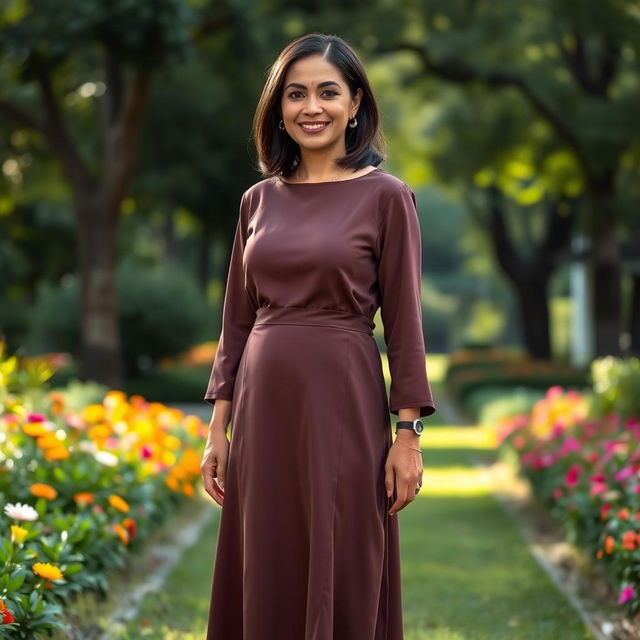 A full-length portrait of a Colombian woman aged 40-45 standing gracefully in a park