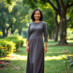 A full-length portrait of a Colombian woman aged 40-45 standing gracefully in a park