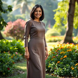A full-length portrait of a Colombian woman aged 40-45 standing gracefully in a park