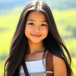 A portrait of a real girl with long, flowing black hair, standing outdoors with natural sunlight illuminating her features, wearing a stylish yet casual outfit