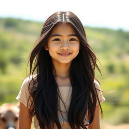 A portrait of a real girl with long, flowing black hair, standing outdoors with natural sunlight illuminating her features, wearing a stylish yet casual outfit