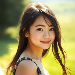 A portrait of a real girl with long, flowing black hair, standing outdoors with natural sunlight illuminating her features, wearing a stylish yet casual outfit