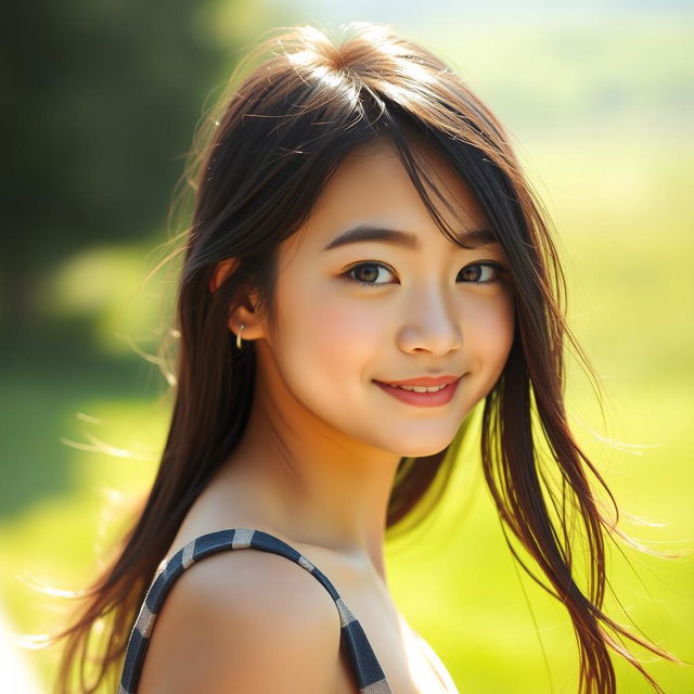 A portrait of a real girl with long, flowing black hair, standing outdoors with natural sunlight illuminating her features, wearing a stylish yet casual outfit