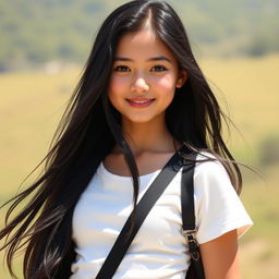 A portrait of a real girl with long, flowing black hair, standing outdoors with natural sunlight illuminating her features, wearing a stylish yet casual outfit
