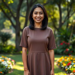 A full-length portrait of a Colombian woman aged 40-45 standing in a park