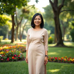 A full-length portrait of a Colombian woman aged 40-45 standing in a park