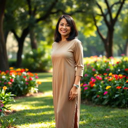 A full-length portrait of a Colombian woman aged 40-45 standing in a park