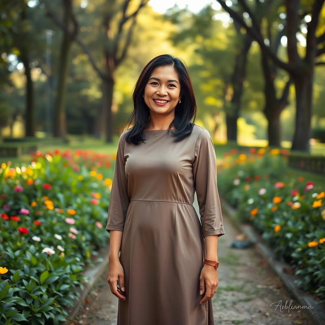 A full-length portrait of a Colombian woman aged 40-45 standing in a park