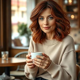 A 40-year-old Italian woman with medium-length wavy hair in a chestnut shade with reddish undertones