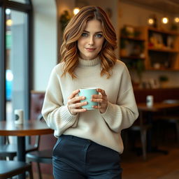 A 40-year-old Italian woman with medium-length wavy hair in a chestnut shade with reddish undertones