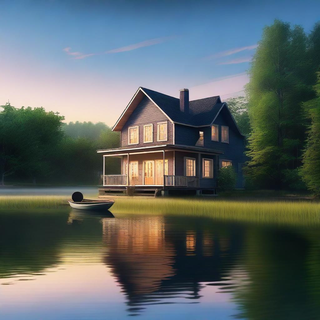 A high-quality digital art image of a cozy two-story house situated in the middle of a serene lake, surrounded by lush greenery and under a twilight blue sky