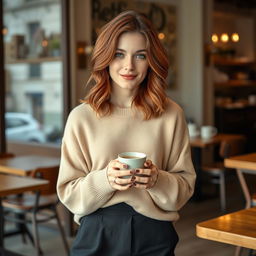 A 40-year-old Italian woman with medium-length wavy hair in a chestnut shade with reddish undertones