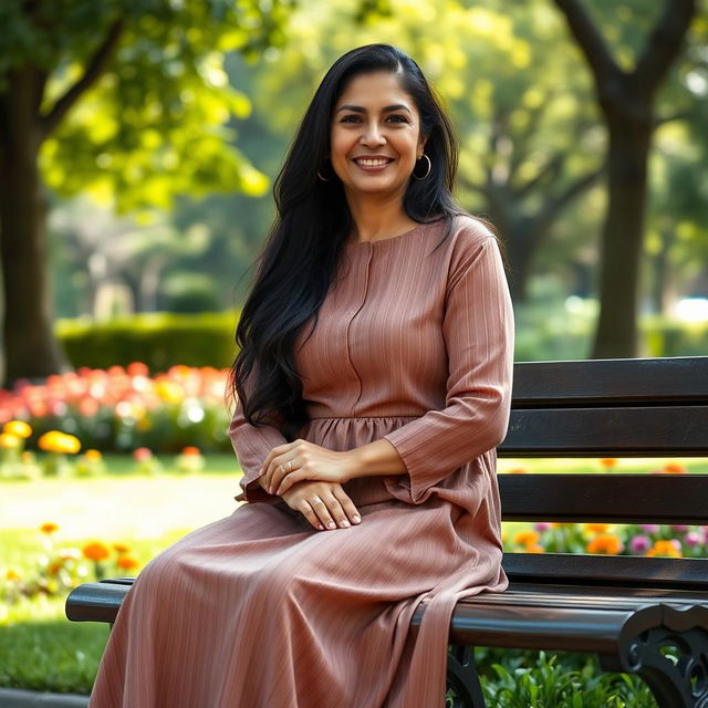 A full-length portrait of a Colombian woman aged 40-45 with long, flowing dark hair sitting gracefully on a bench in a park