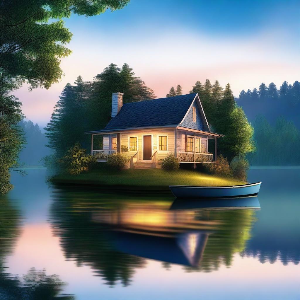 A high-quality digital art image of a cozy two-story house situated in the middle of a serene lake, surrounded by lush greenery and under a twilight blue sky