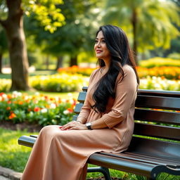 A full-length portrait of a Colombian woman aged 40-45 with long, flowing dark hair sitting gracefully on a bench in a park