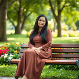 A full-length portrait of a Colombian woman aged 40-45 with long, flowing dark hair sitting gracefully on a bench in a park