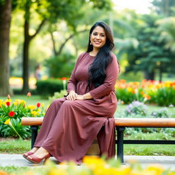 A full-length portrait of a Colombian woman aged 40-45 with long, flowing dark hair sitting gracefully on a bench in a park