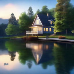 A high-quality digital art image of a cozy two-story house situated in the middle of a serene lake, surrounded by lush greenery and under a twilight blue sky