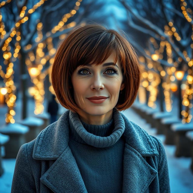 A 40-year-old Italian woman with short, stylish bob haircut in a rich chestnut shade