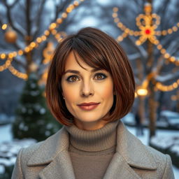 A 40-year-old Italian woman with short, stylish bob haircut in a rich chestnut shade
