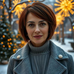 A 40-year-old Italian woman with short, stylish bob haircut in a rich chestnut shade