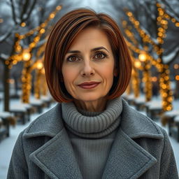 A 40-year-old Italian woman with short, stylish bob haircut in a rich chestnut shade