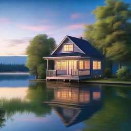 A high-quality digital art image of a cozy two-story house situated in the middle of a serene lake, surrounded by lush greenery and under a twilight blue sky