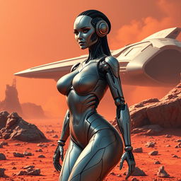 A sexy female robot from Mars with a curvy body, featuring a blend of muscular and mechanical elements