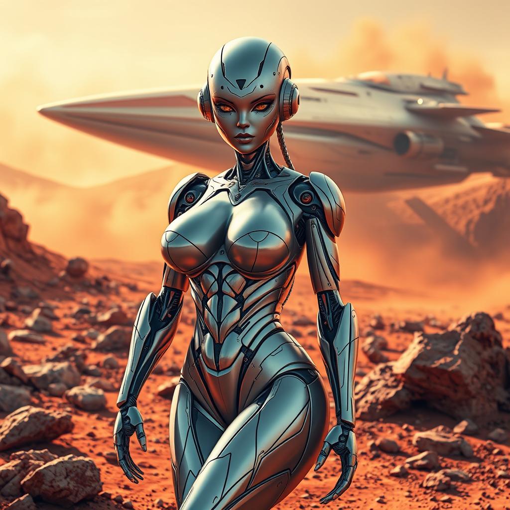 A sexy female robot from Mars with a curvy body, featuring a blend of muscular and mechanical elements