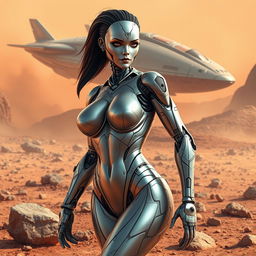 A sexy female robot from Mars with a curvy body, featuring a blend of muscular and mechanical elements