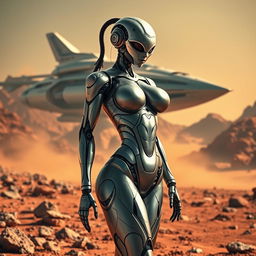 A sexy female robot from Mars with a curvy body, featuring a blend of muscular and mechanical elements