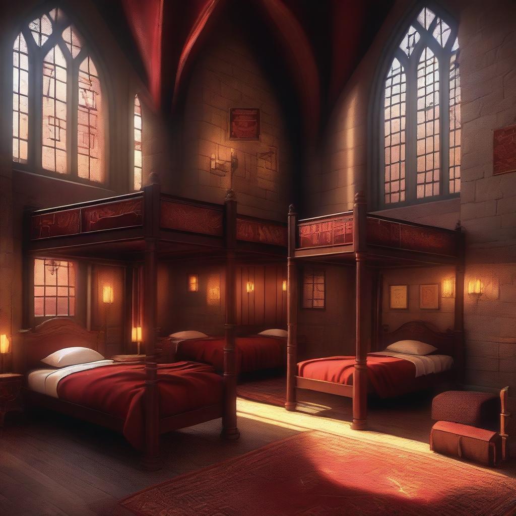 A detailed digital art depiction of the Gryffindor girls' dormitory in Hogwarts