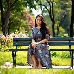 A full-length portrait of a beautiful Colombian woman aged 40-45 with long, flowing dark hair, sitting elegantly on a bench in a park