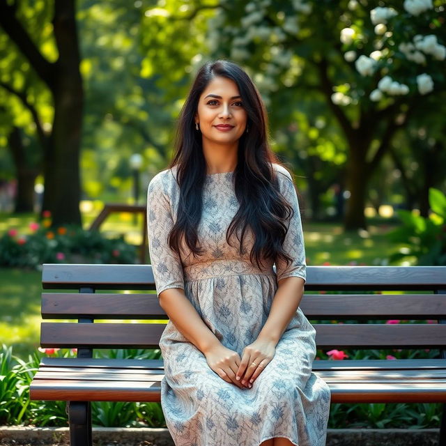 A full-length portrait of a beautiful Colombian woman aged 40-45 with long, flowing dark hair, sitting elegantly on a bench in a park