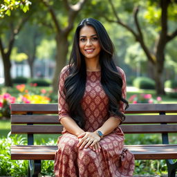 A full-length portrait of a beautiful Colombian woman aged 40-45 with long, flowing dark hair, sitting elegantly on a bench in a park