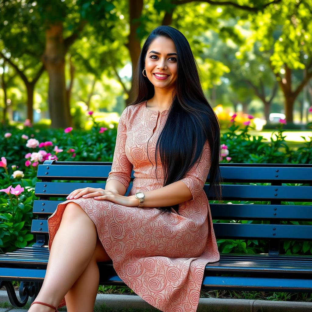 A full-length portrait of a beautiful Colombian woman aged 40-45 with long, flowing dark hair, sitting elegantly on a bench in a park